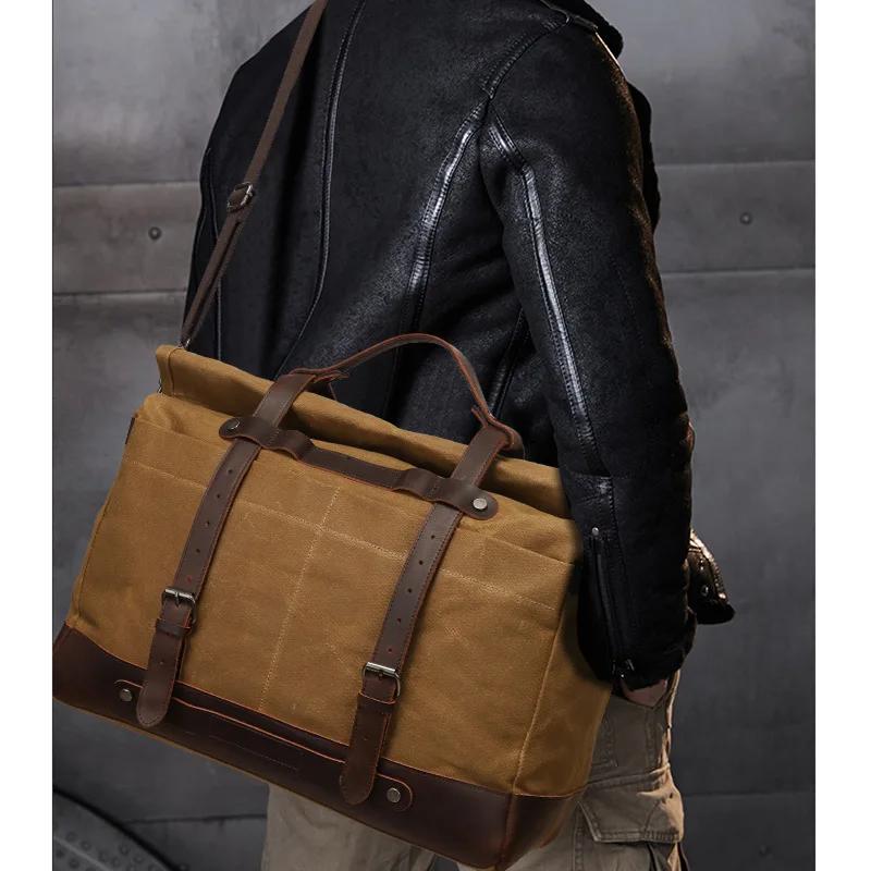 Large Capacity Men's Portable Travel Bag Outdoor Waterproof Luggage Bag Oil Wax Canvas with Crazy Horse Cowhide Crossbody Bag