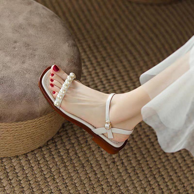 Low Heel Sandals Summer New Square Head Open Toe Pearl Fine Belt Soft Sole Anti-slip Wear-resistant Square Heel Shoes