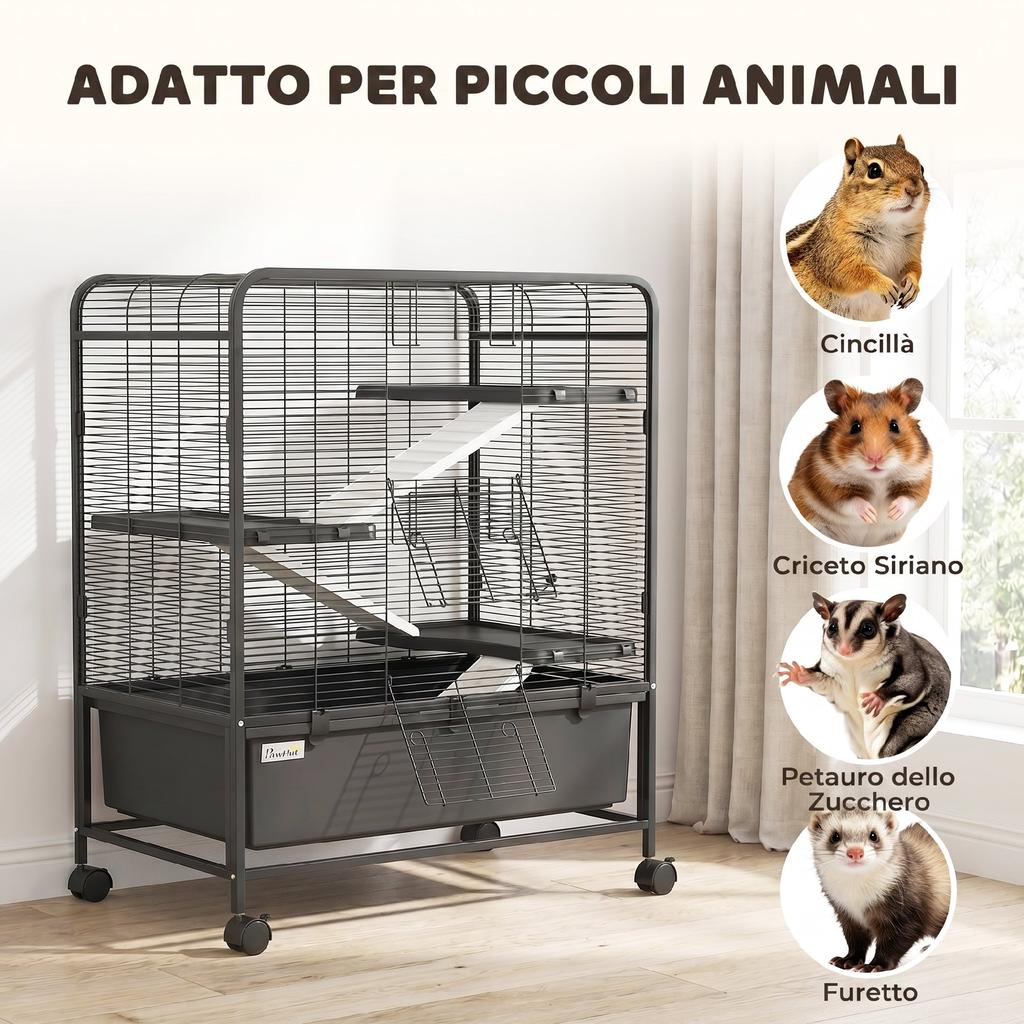 4-Tier Steel Rabbit Cage with Platforms, Ramps, Wheels, Water Tank and Removable Tray, Black