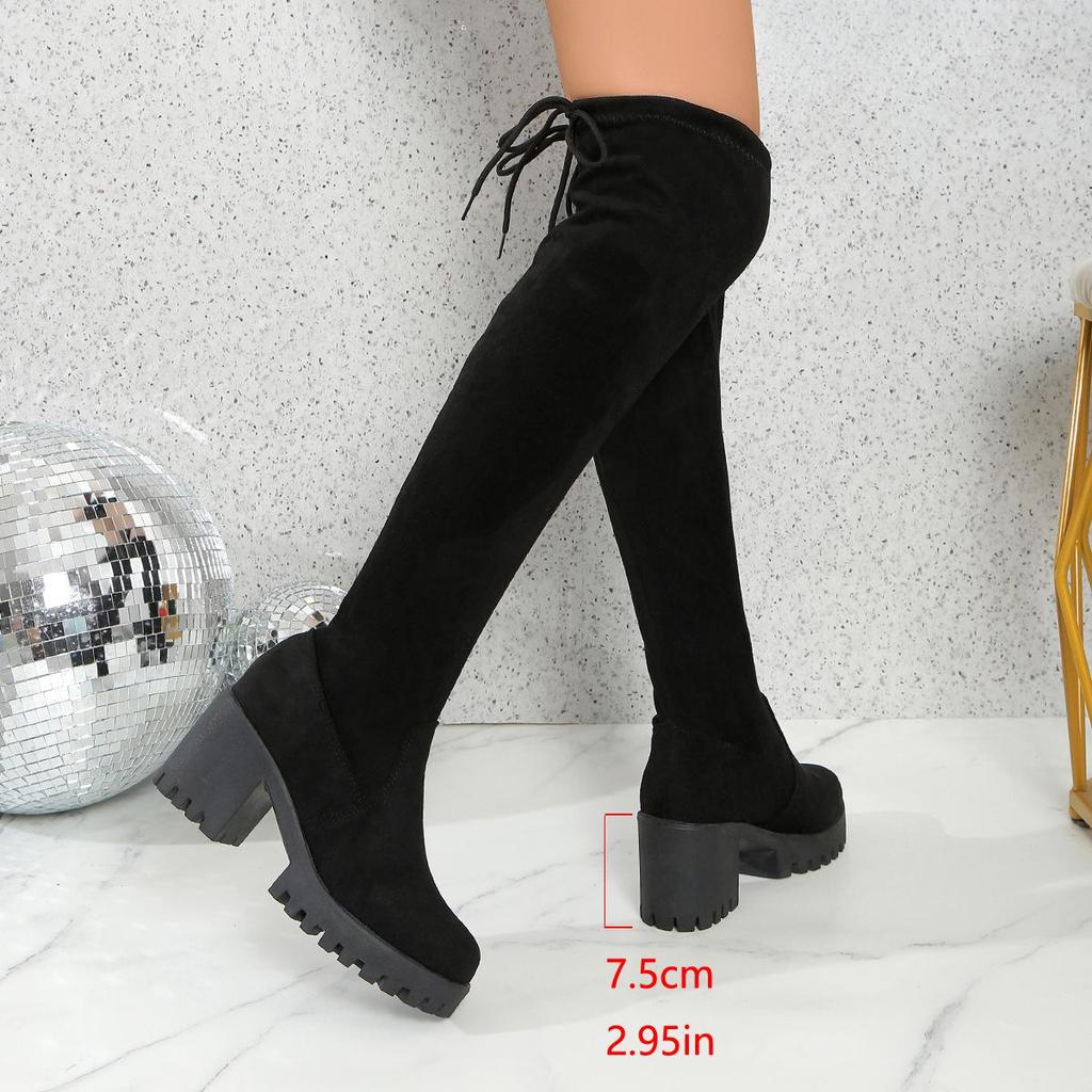 2025 Autumn/Winter Women's Plus Size Slimming Over-the-Knee Chunky Heel Boots