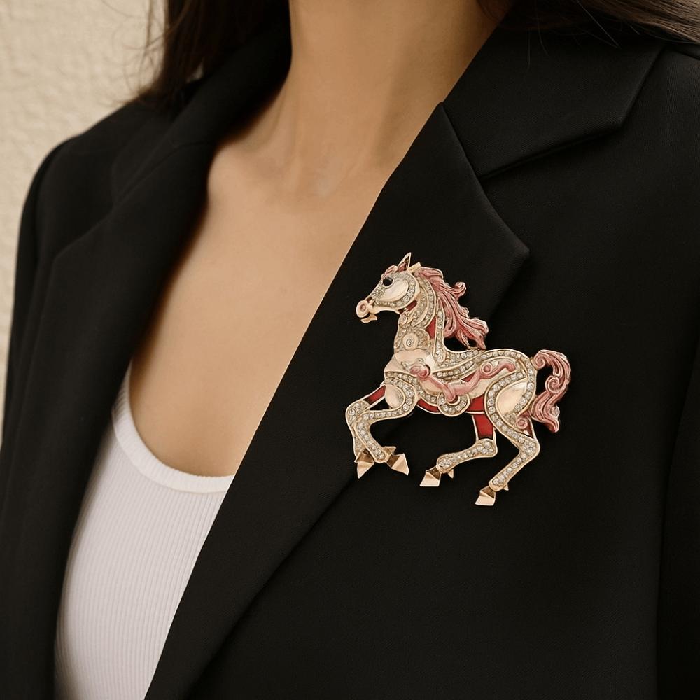 Retro Enamel Rhinestone Horse Brooch Chinese Style Animal Lapel Pins Zodiac Pin  Women Accessories