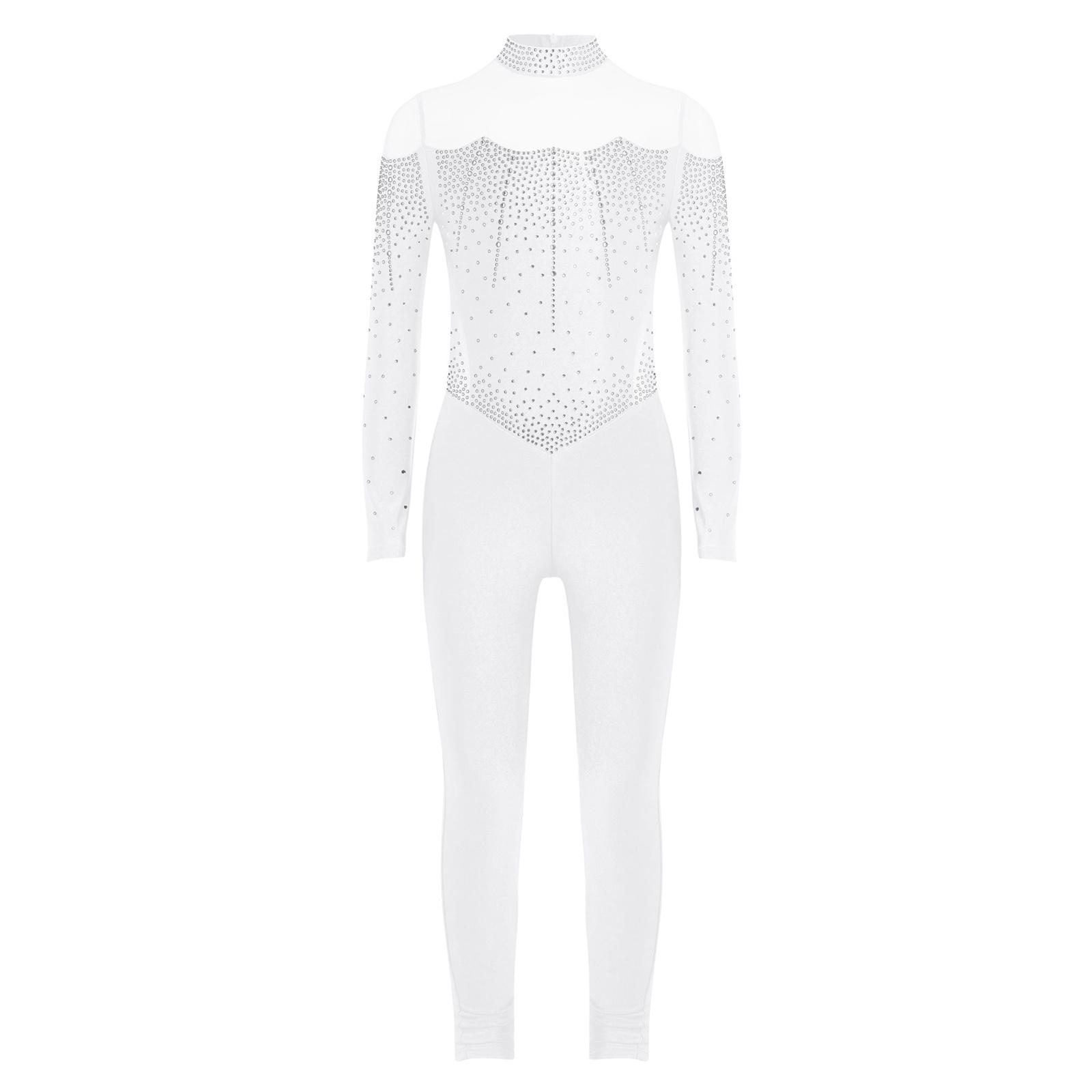

Дівчачий блискучий леотар з повним тілом зі стразами, з коміром-стійкою, з довгим рукавом, з прозорими сітчастими вставками, комбінезон печворк, боді для фігурного катання 11-12 Years білий