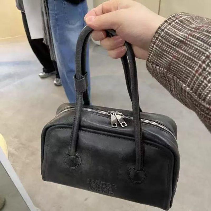 

South Korea Brand Magw New Fashion Casual Genuine Leather Boston Handbag Underarm Shoulder Bag Black [In Stock]]