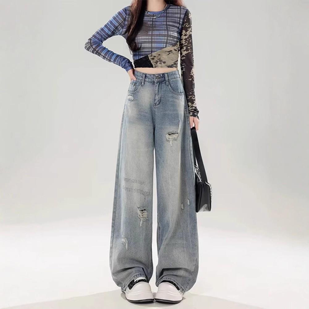 

2025 Women s American Style Ripped Wide-Leg Floor-Length Jeans - Loose, Retro, Versatile for Spring and Autumn 2XL синий