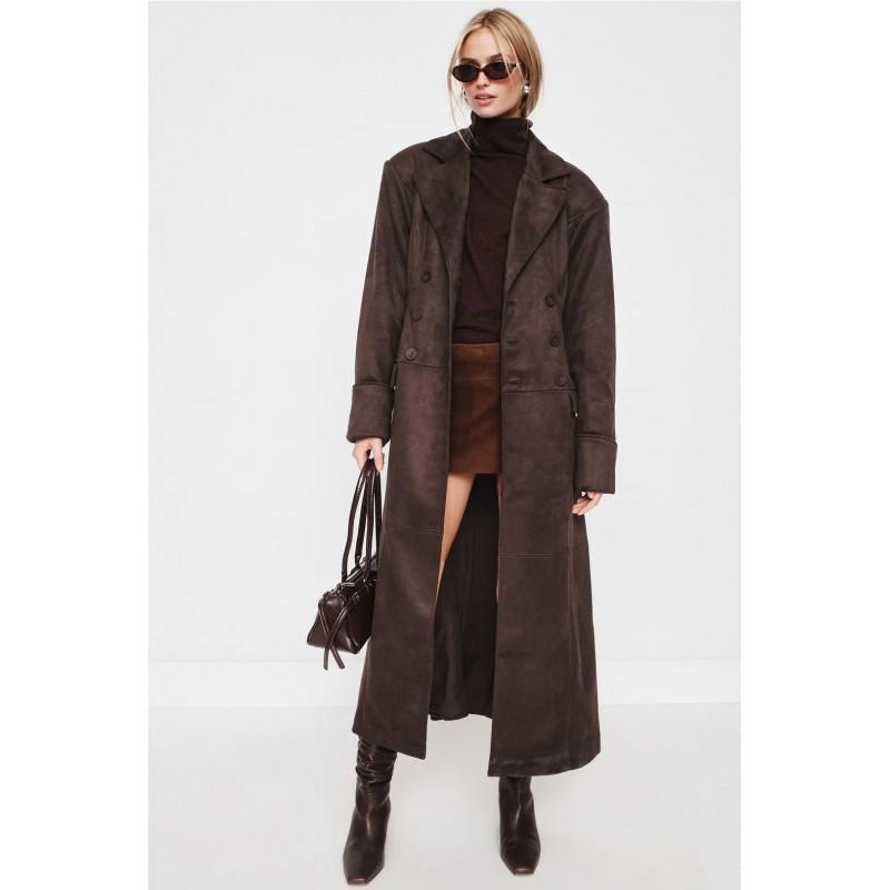 Womens Brown Faux Suede Trench Coat