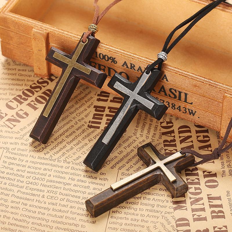Fashion Cross Wooden Pendant Men's and Women's Necklace Black Brown Sweater Chain Rope Religious Neutral Jewelry Accessories