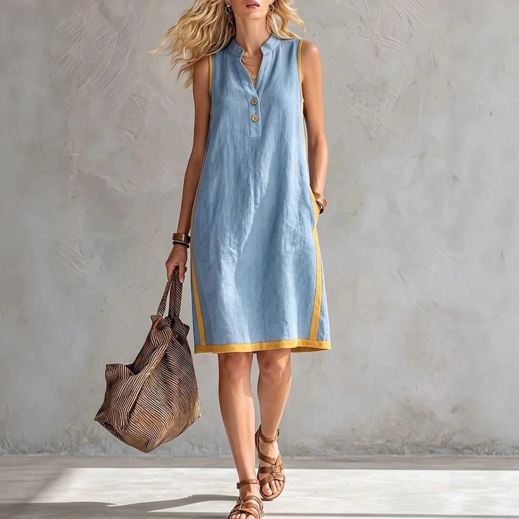 Summer Women's Casual Loose V-neck Sleeveless Cotton Linen Dress for Cross-border Europe & America
