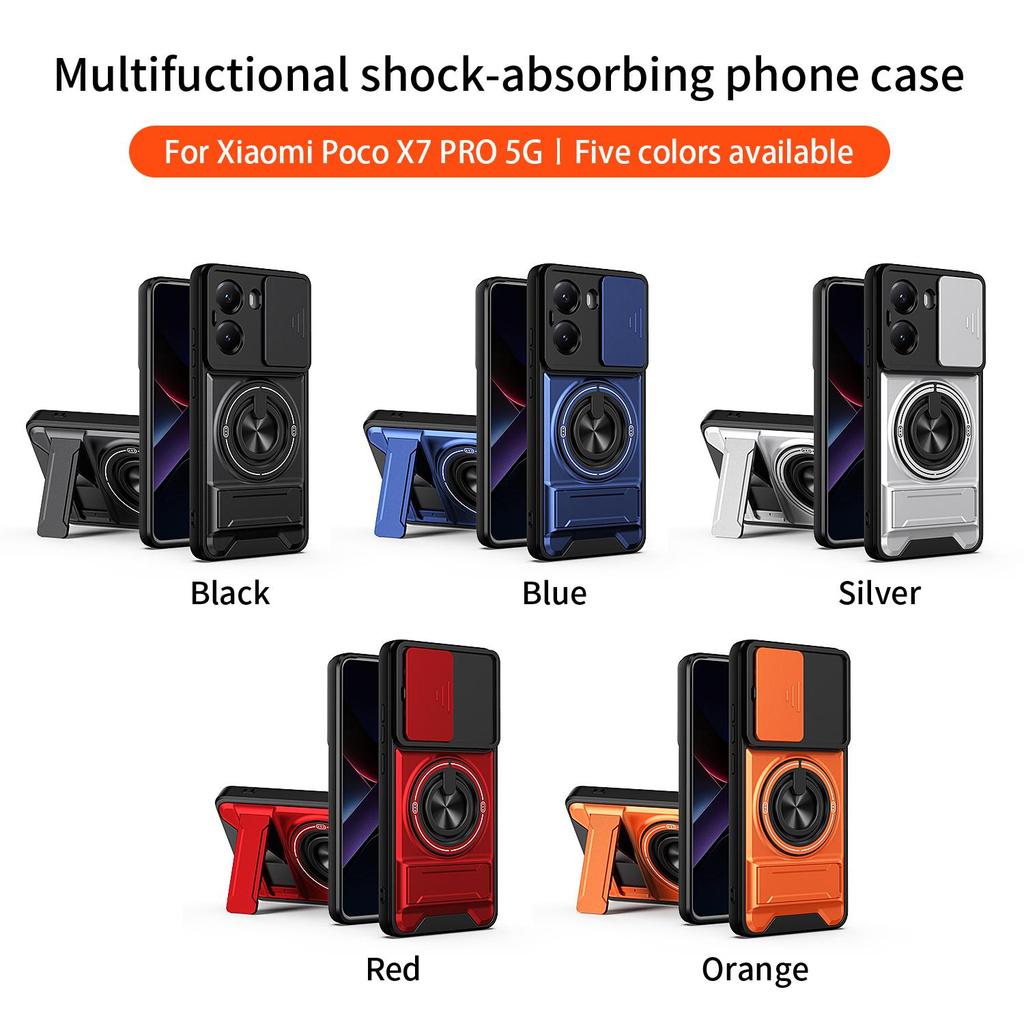 Phone Case Compatible for Xiaomi Poco X7 Pro 5G Case with Built-in Ring Stand Sliding Camera Lens Cover