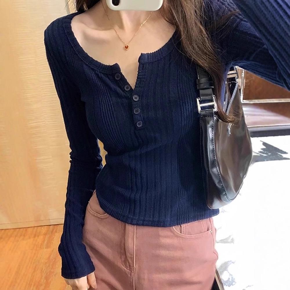 Women's Retro U-Neck Slimming Long-Sleeve Ribbed Knit Top, 2025 Autumn/Winter Collection