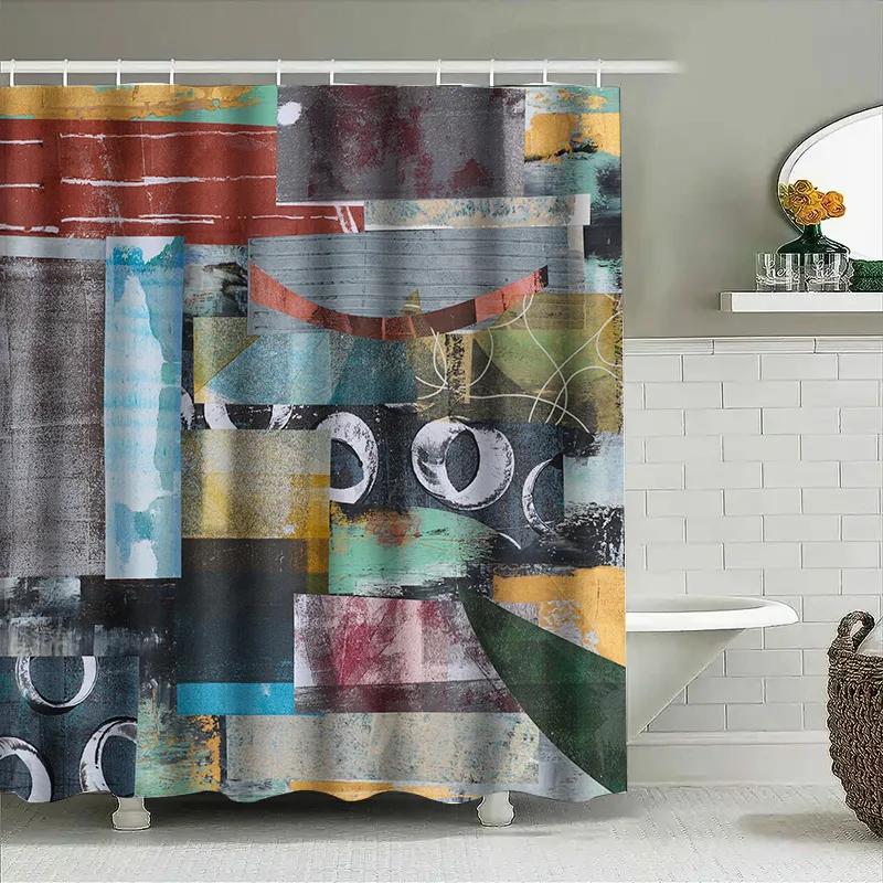 Modern Abstract Bathroom Shower Curtain Set Bold Colors Geometric Patterns Easy Installation For Home Decor