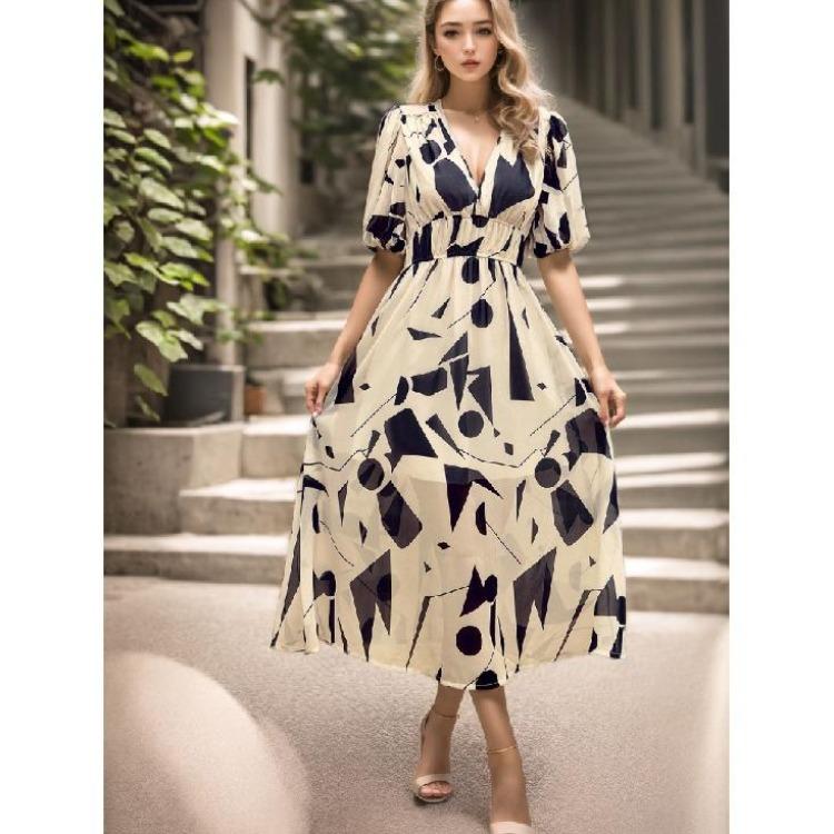 Summer Casual Boho Floral Print Midi Dress Women V Neck Short Sleeve Holiday Long Dress Fashion