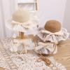 New children's straw hat, girls' summer eaves lace edge straw, breathable streamer bow sunscreen visor