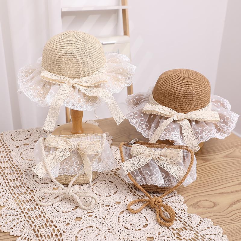 New children's straw hat, girls' summer eaves lace edge straw, breathable streamer bow sunscreen visor