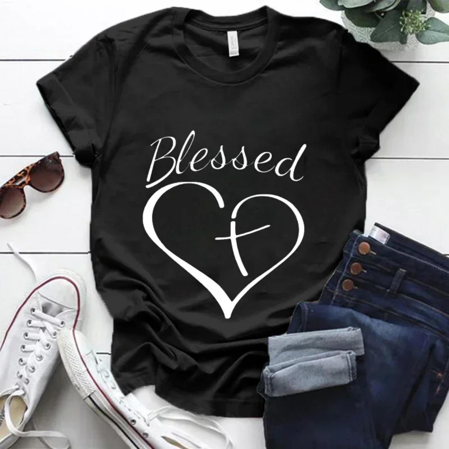

Blessed Cross and Heart Christian T Shirt Grey TShirt Top Harajuku Fashion Streetwear for Women Unisex Clothes Graphic Tee Shirt XXXXXL чорний