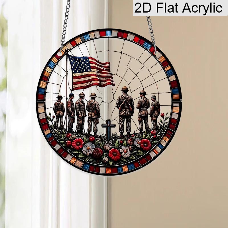 2D Flat Acrylic Memorial Day Suncatcher, 7.87in Round Window Hanging Decor, Soldier Silhouette American Flag Patriotic Ornament