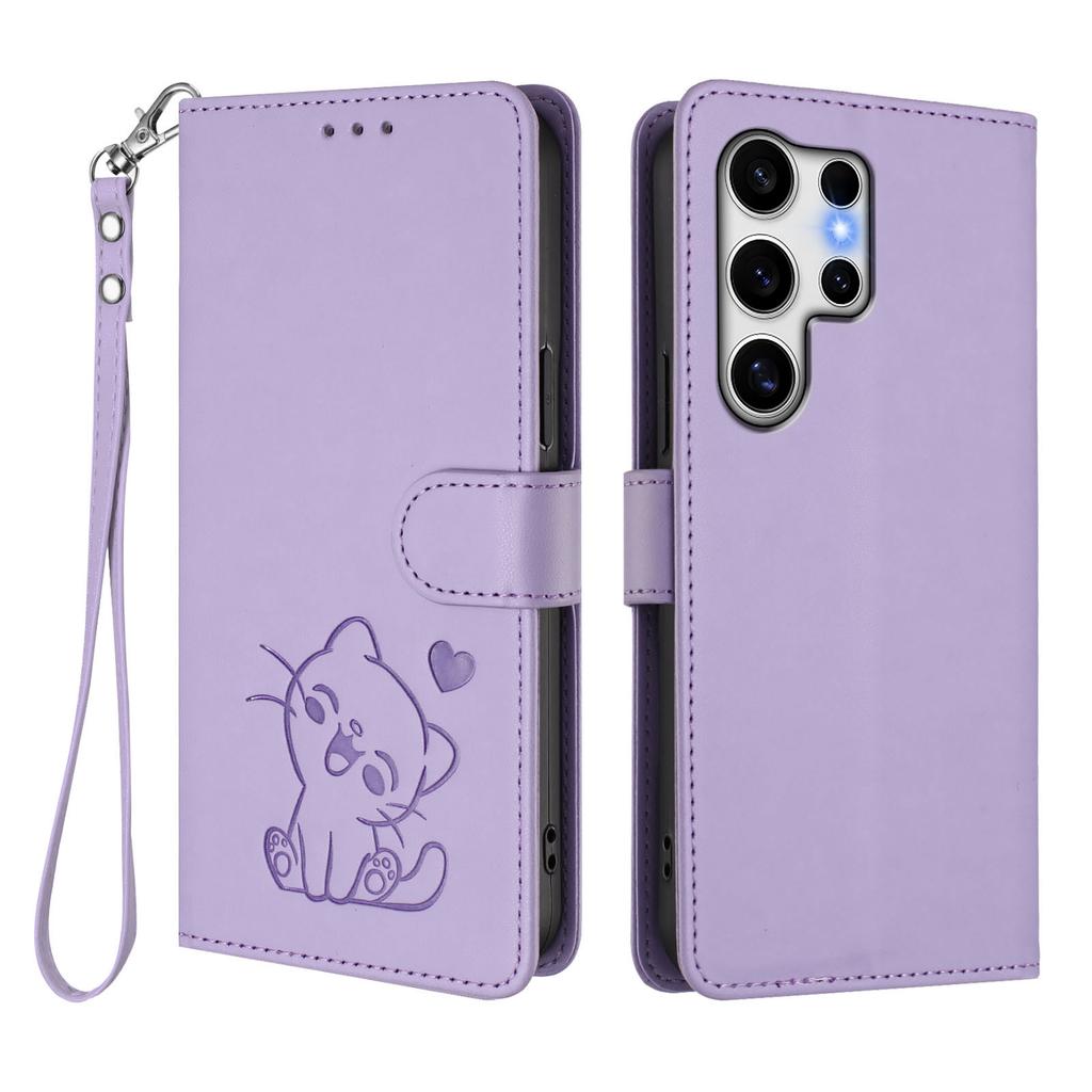 Für Samsung Galaxy S25 Ultra Brieftasche Hülle mit Handschlaufe Love Cat Muster Prägung Leder Handyhülle