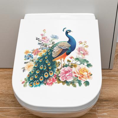 Pauw Pioenroos Kunst Toilet Sticker Verwijderbaar Zelfklevend Badkamer Waterdicht PVC Woonkamer Bloemenmuur Dier Bloemen Toiletdeksel