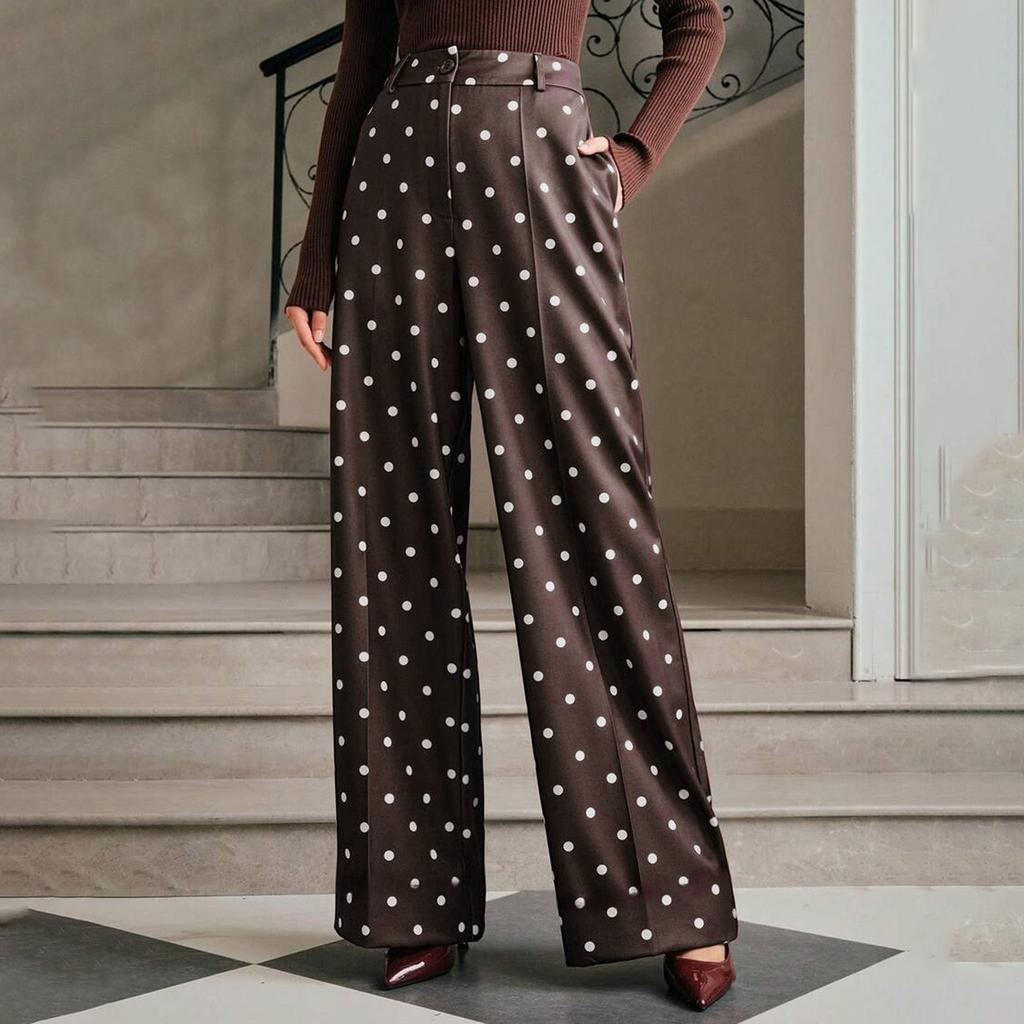 Women's Vintage Polka Dot Wide Leg Pants High Waist Loose Fit Casual Trousers with Pockets Suitable for Daily Wear and Office
