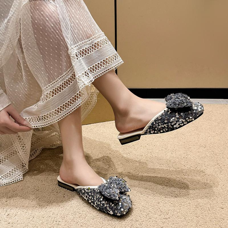 Bow-wrapped Head Half Slippers Women Summer Wear New Casual Slip-on Fashion Sequin Slippers
