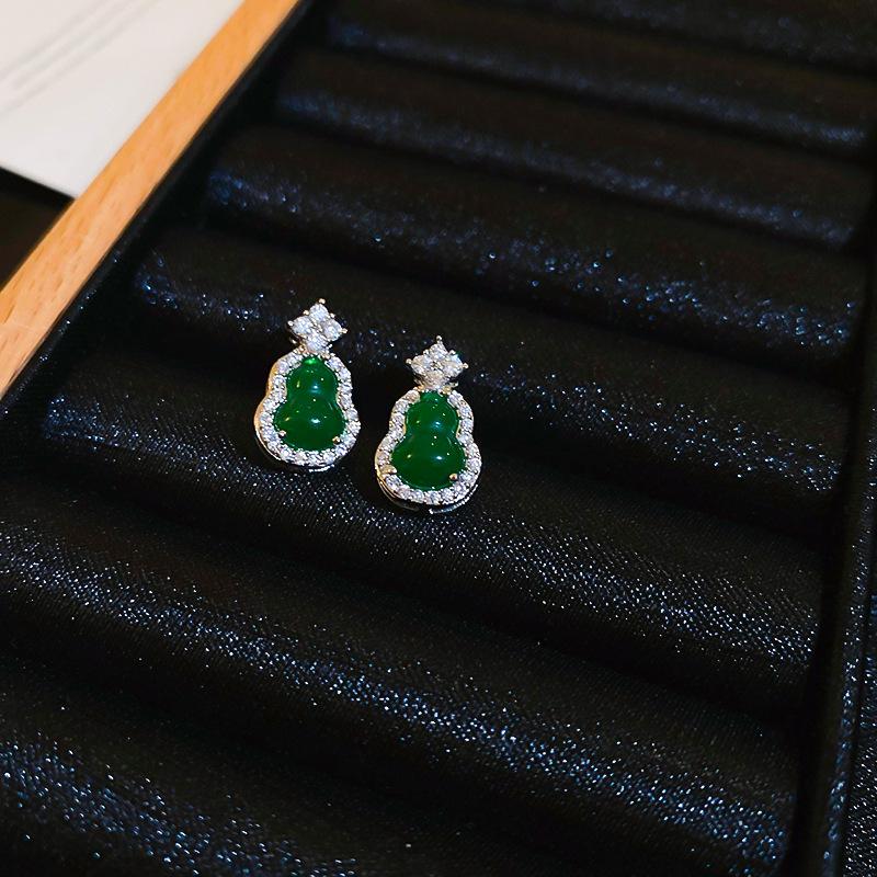 New Chinese small zircon green gourd silver needle earrings Chinese style simple niche high-end earrings