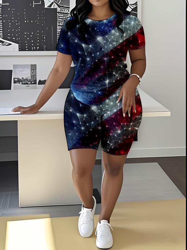 Leopard Print Splicing Women's Casual Suit Short-sleeved Shorts 1D Digital Flower Printing Fashion T-shirt Set