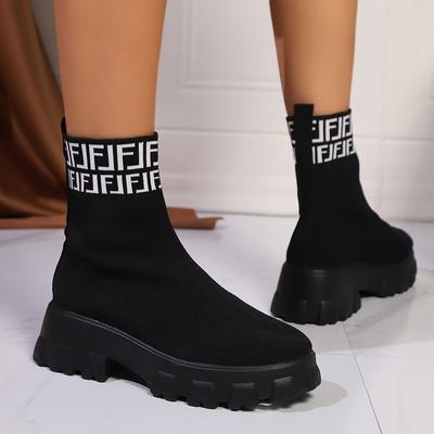 Dameslaarzen Klassiekers Herfst Winter Nieuwe Sokkenschoenen voor Dames Dikke Zool Casual Gebreide Instappers Korte Laarzen Dames Botas De Mujer