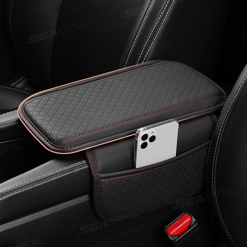Cuscino Bracciolo Auto In Memory Foam Con Portabicchieri E Supporto Telefono, Pelle Impermeabile, Nero 35x21x9 Cm