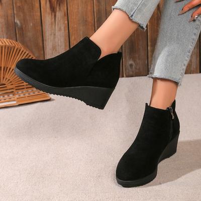 Damen Keilabsatz Cott Stiefel Winter Neu Runde Spitze Wildleder Seitenreißverschluss Dicke Sohle Rutschfest Verschleißfest Niedrige Schuhe