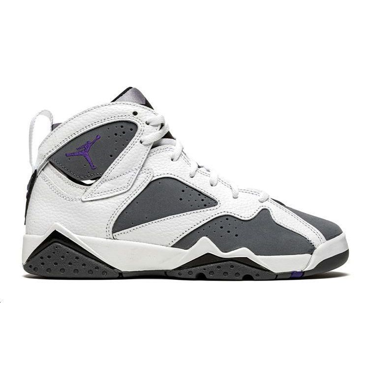 Zapatillas para Niños Air Jordan 7 Retro GS Flint 2021 Blanco Gris Pedernal Púrpura Varsity DJ2777-100