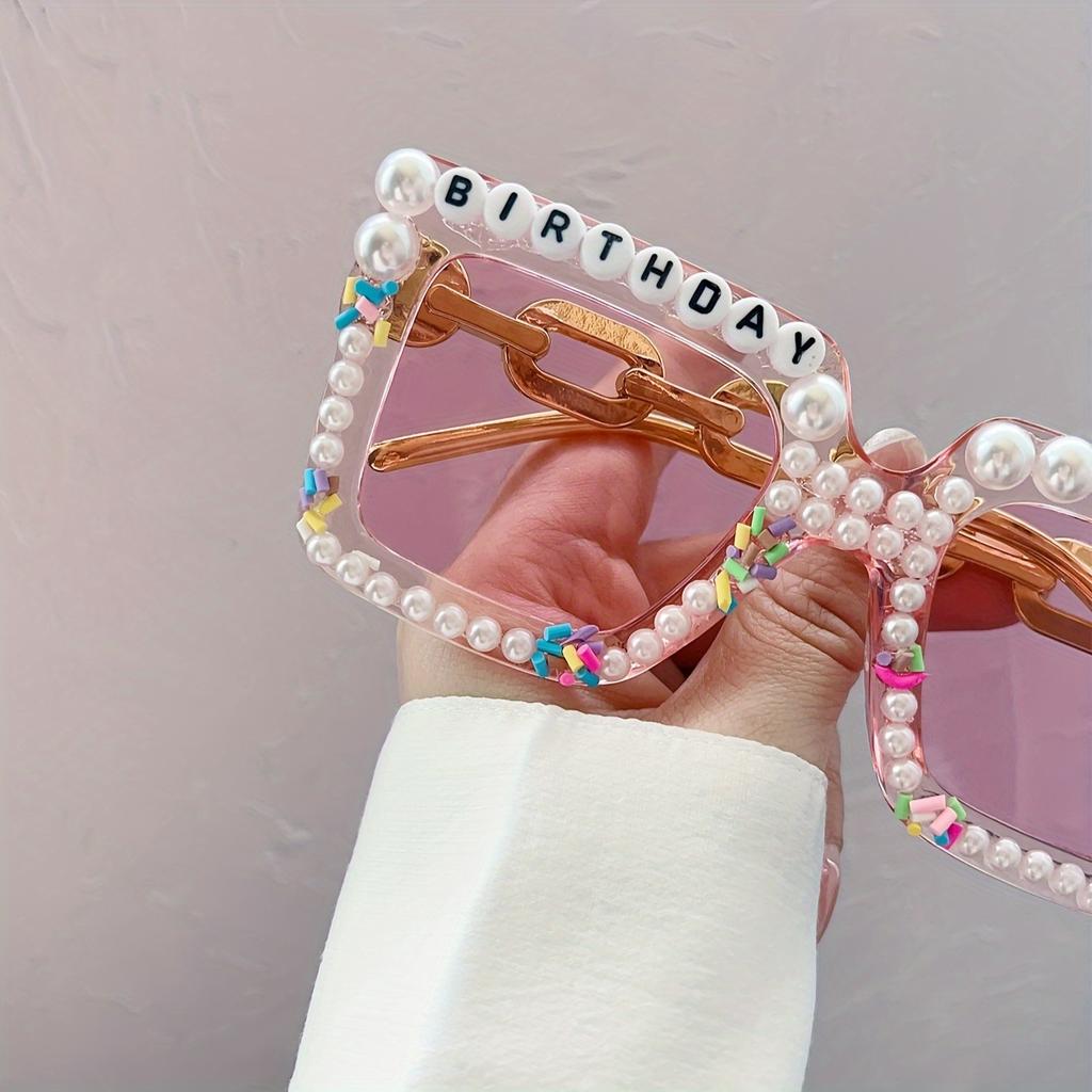 Transparent pink square frame hand-set candy with letter decoration glasses birthday party glasses