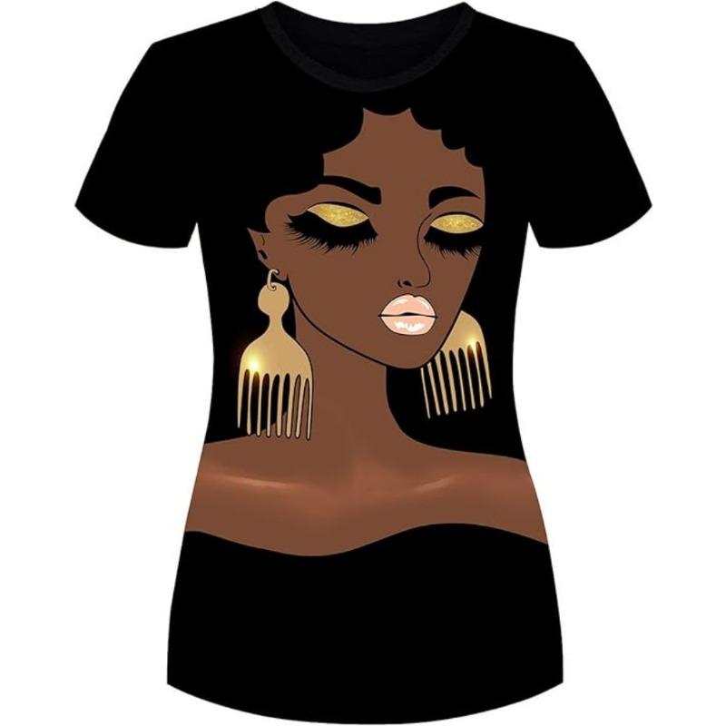 

Черный пигмент Девушка Натуральный узор волос Футболка Женская футболка Африканская Повседневная С коротким рукавом Круглый вырез Топ Футболка 6XL