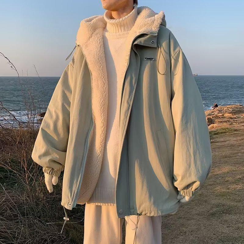 Men s Winter Hooded Lambswool-Lined Cotton Jacket: Trendy, Versatile, and Loose-Fit Coat XL