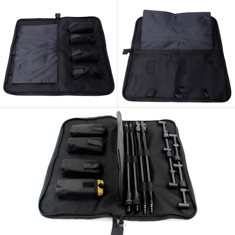 Oxford Cloth Fishing Bites Alarm Carrying Case, Foldable Bankstick Organizers with Four Internal Sleeves and Strap for Separated Tackle Storage