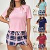 2 Pcs/Set Women Summer Pajama Set O Neck Letter Print Short Sleeves T-shirt Drawstring Elastic Waist Plaid Pattern Homewear Two Piece Set