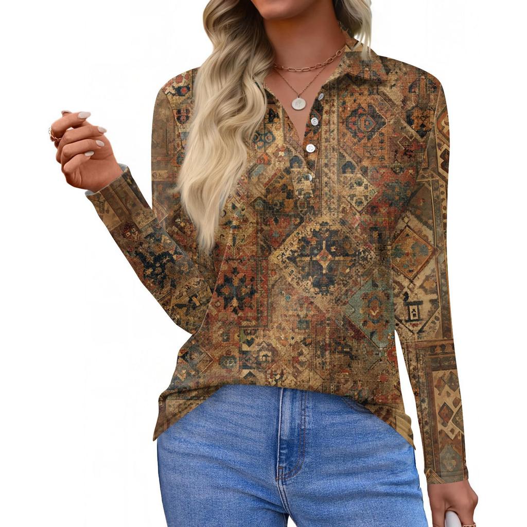 Women's Fashion Casual Lapel Short Long Sleeve Print Shirt Women's Button Up Tops