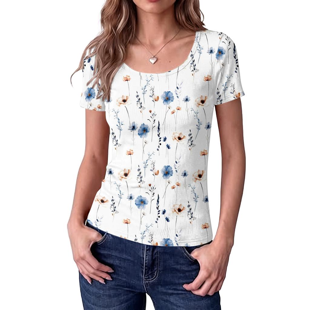Women Slim Fit Short Sleeve Top Square Neck Vintage Floral Print Ribbed Knit Stretchy T-Shirt Casual Summer Blouse