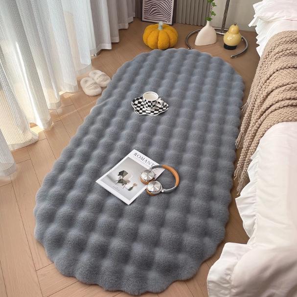 Cream Rabbit Fur Oval Rug - Thick Bubble Velvet Bedroom/Bedside Mat, Coffee Table, Sofa Cushion