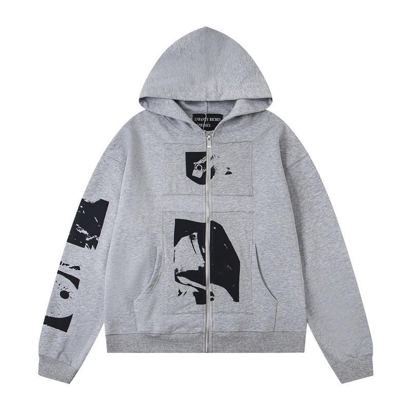 Mens Oversized Streetwear Hoodie With Distressed Zipper Graphic Print Cotton Long Sleeve Pullover Casual Wear
