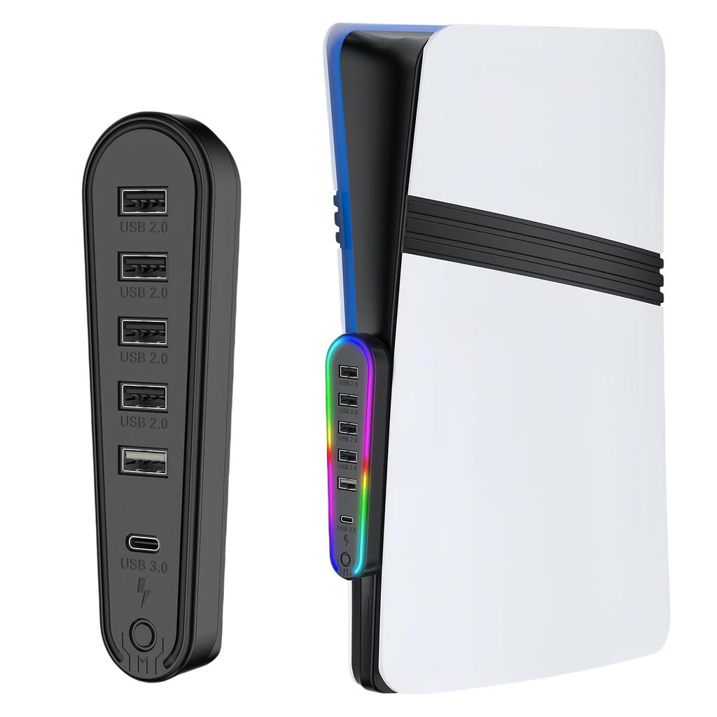 New USB Hub for PS5 USB Expansion Hub for PS5 Integrated with 5 USB Ports 1 RGB Easy External Hub for PS5 Disc Digital Edition Compatible 6-in-1