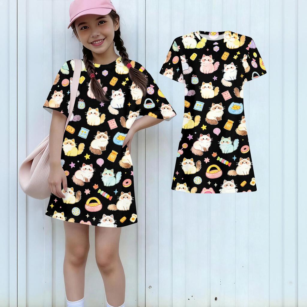 Girls Animal Print Dress Short Sleeve Round Neck Loose Fit Lightweight Casual Summer Dress for Kids