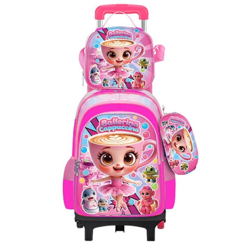 Cute Cartoon Double-Shoulder Backpack with Two-Wheel and Six-Wheel Options, 3-Piece Set for Primary School Students