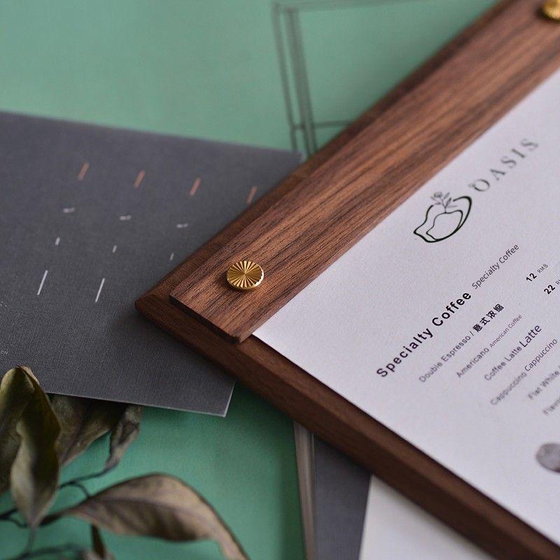 Fangye | Black Walnut Menu Holder Folder Solid Wood Base Plate Retro Textured Design Japanese Style Brass Coffee Restaurant