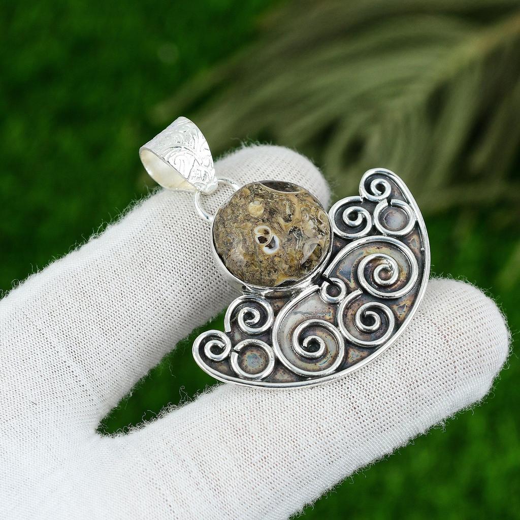 Friendship Day Deal Sterling Silver Round Turritella Agate Gemstone Wife Pendant