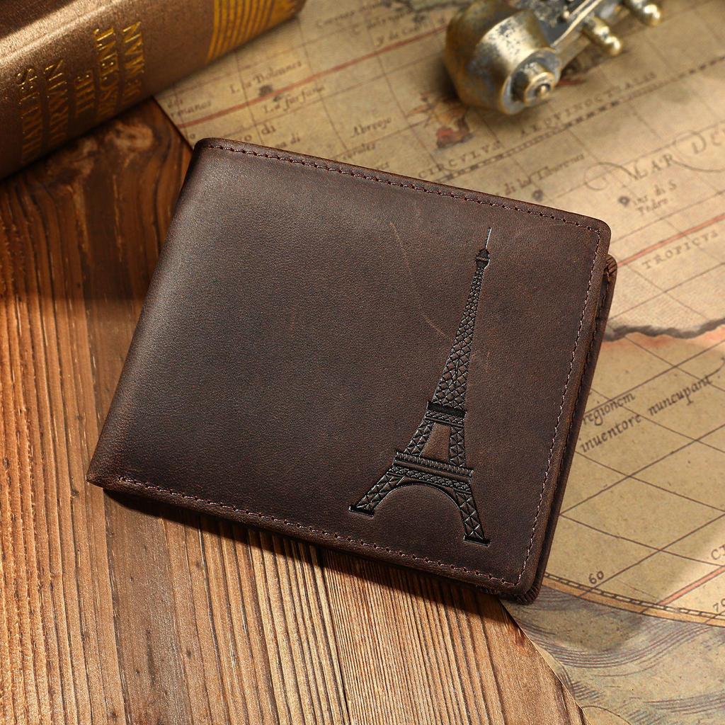 Men's Retro RFID Leather Wallet - Crazy Horse Genuine Leather, Anti-Theft, Embossed Card Holder, US Dollar Large Bill.