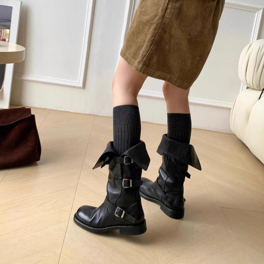 Korean Washed Cowhide Martin Boots Women's Belt Buckle Boots 25 Autumn and Winter New Buckle High Boots Medium Boots