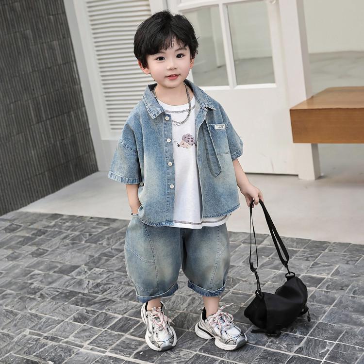2026 Boys' Summer Silent Fashion Denim Short-Sleeve Shirt and Tie Two-Piece Set