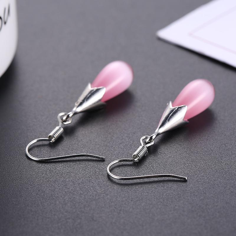 925 Sterling Silver Crystal Cat's Eye Water Drop Dangle Earrings - Korean Style for Women