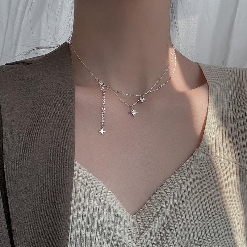 Flash Diamond Hexagram Necklace Niche High-End Ins Temperament Fringed Double-Layer Collarbone Chain Women'S Accessories Quality