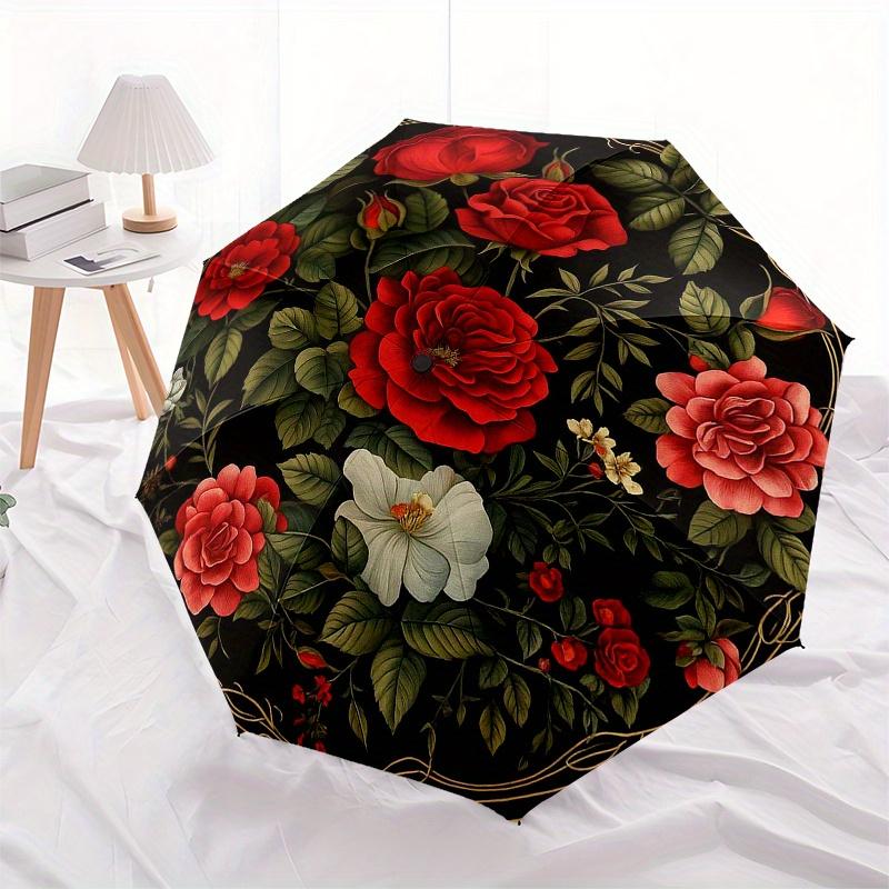 Elegant Floral Round Rug - Classic Rose Designfor Home DecorUmbrella, Portable 3-Fold Compact Umbrella for Men & Women Gift