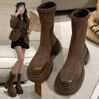 Winterlaarzen Mode Elastisch Dames Herfst Retro Modieus Comfortabel Honderd Passend Skinny Korte Laarzen Dikke Hak Dunne Dunne Laarzen